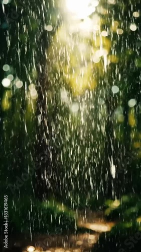 Serene forest rain scene with sunlight