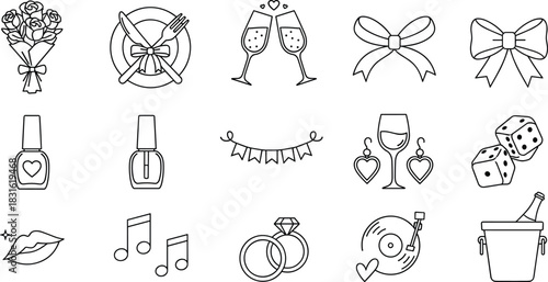 Romantic and celebratory icon set, black-and-white vector illustrations, wedding and leisure symbols, event planning design, love-themed graphics
