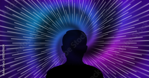 Vector abstract futuristic astral dark violet poster. Silhouette, human shadow. Diverging rays, spiral. Cosmic space. Deep human intelligence. Reason, development and thoughts