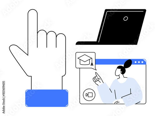 Hand gesture points at an online video class with a teacher explaining and graduation cap icon. Ideal for education, e-learning, technology, communication, teaching, remote work, and innovation