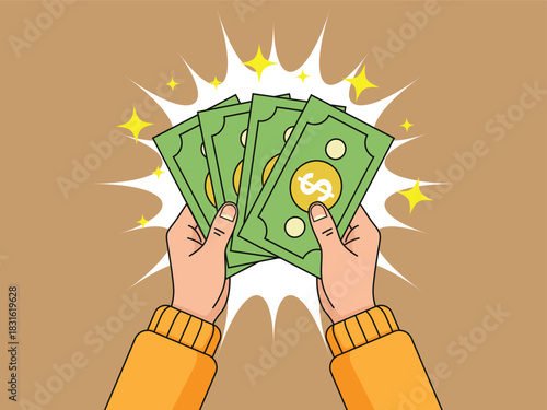 Hands Holding Dollar Bills with Sparkle Effects – Money, Finance, Wealth Illustration