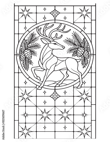 Stained glass style winter deer with pine branches and star patterns outline