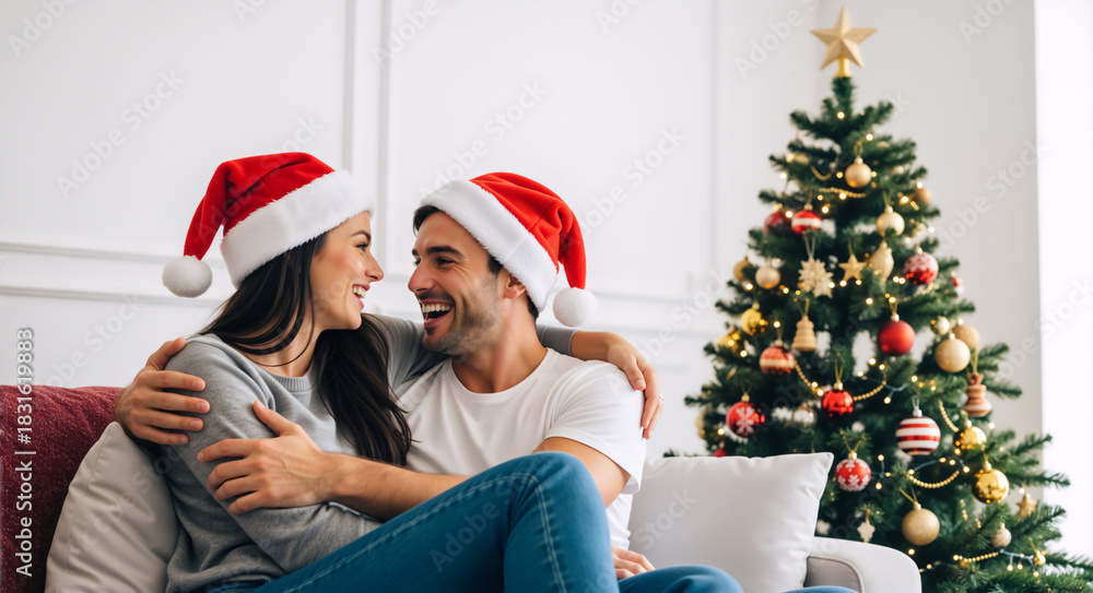 Fototapeta premium Happy young couple in Santa hats laughing on a couch at home. Man and woman celebrating the Christmas holiday together. Festive scene with a decorated tree and copy space