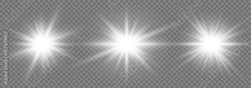 White sparkling starlight with radiant lens flare, glitter particles, and glowing light bursts. Transparent background ideal for cosmic, magical, or festive illustrations. 