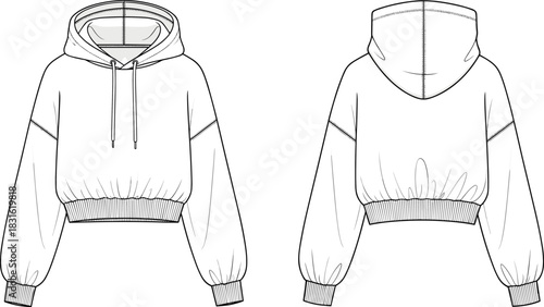 Women cropped hoodie sweatshirt front and back fashion design with drawstring hood and ribbed cuffs, cad drawing flat vector illustration