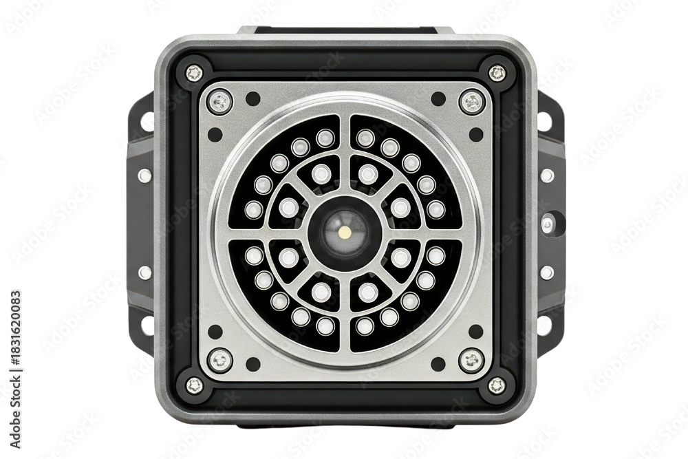 Fototapeta premium Front view of industrial camera sensor with an LED ring light on a transparent background