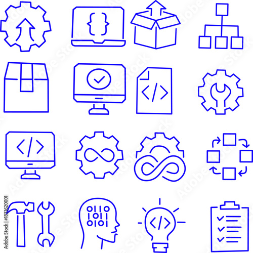 Blue DevOps and software development icon set including deployment, coding, workflow, automation, tools, AI, and checklist symbols for IT and tech projects.
