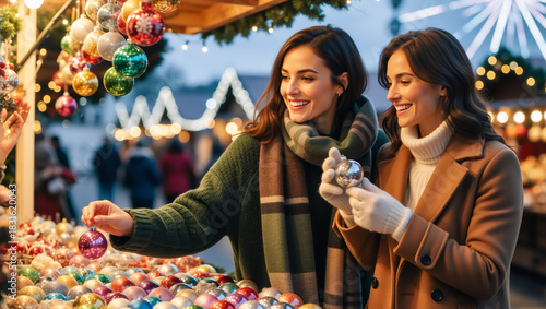 Two happy women shopping for ornaments at a Christmas market. Friends choosing festive holiday decorations at an outdoor winter fair