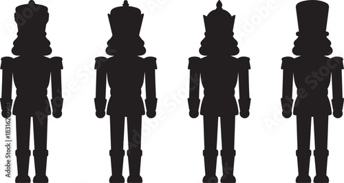 Nutcracker toy soldier silhouettes, traditional Christmas wooden toy vector black shapes