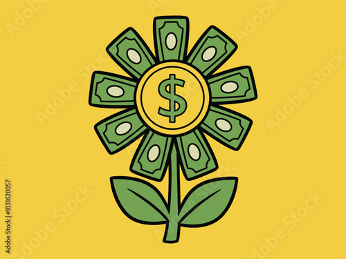 Money Flower Icon – Dollar Bills and Coin Symbolizing Financial Growth and Wealth Concept