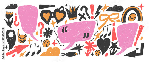Crayon funky doodles collage cutouts set for playful design. Speech bubbles with music note, crown, hearts for fun messages. Callouts text boxes inverted Spanish punctuation mark. Vector scribbles.