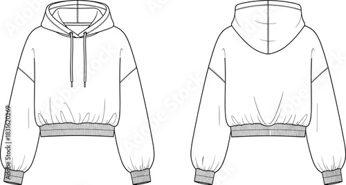 Women cropped hoodie sweatshirt technical fashion design front and back view with drawstring hood and ribbed hem, cad drawing flat vector illustration