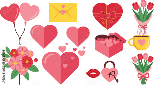 Valentines day love and romance symbols flat vector set