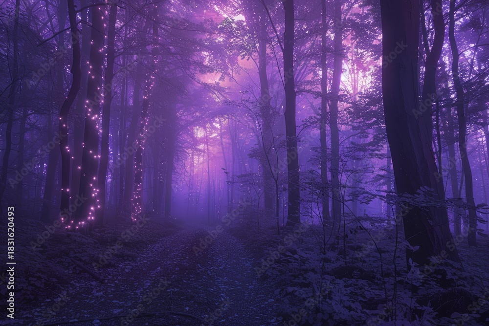 Naklejka premium Pathway winding through a purple toned forest adorned with glowing lights, creating an enchanting atmosphere at sunset