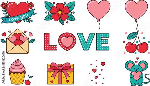 Cute valentine's day love themed vector illustrations set