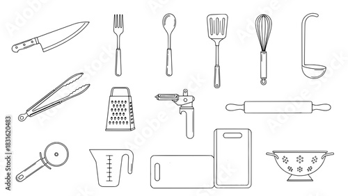 A collection of 15 essential kitchen utensils and tools, depicted as simple black outline icons arranged on a white background.