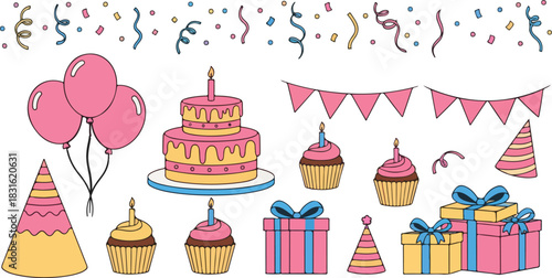 Hand drawn cartoon birthday celebration elements set