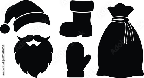 Santa Claus Accessories Silhouette Set. Hat, Beard, Boot, and Glove Black Icons