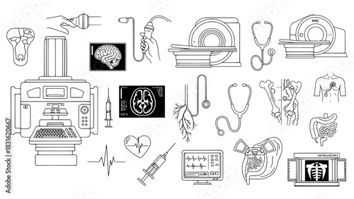 Comprehensive Collection of 21 Medical and Diagnostic Line Art Icons: Anatomy, Imaging, & Healthcare Tools on White Background