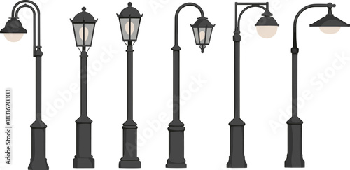 Vintage street lamp icon vector illustration, classic black lanterns, curved poles, decorative bases, urban lighting design, architectural element set