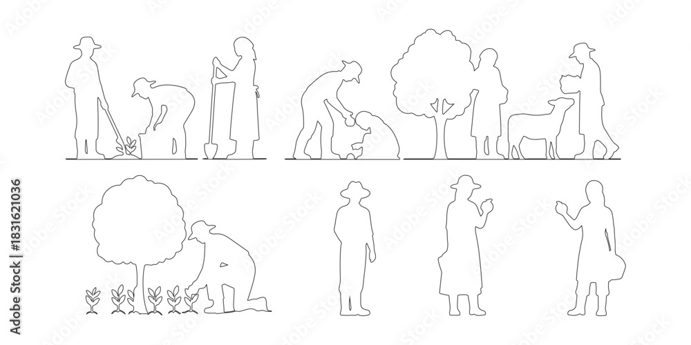 Fototapeta premium CAD Drawings. Farmers and agricultural workers outline in various activities isolated on white background. Vector illustration.