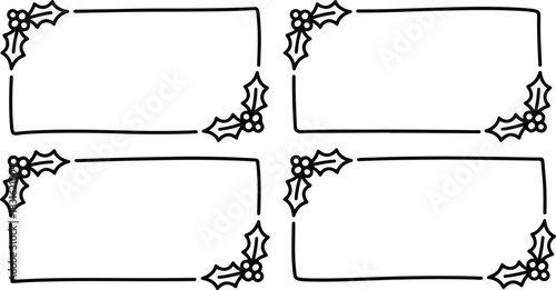 Simple Christmas Rectangular Line Frames. Black Borders with Holly Leaves Decoration