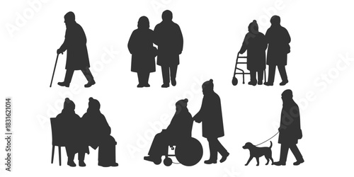 CAD Drawings.  Elderly people silhouette in winter isolated on white background. Vector illustration.