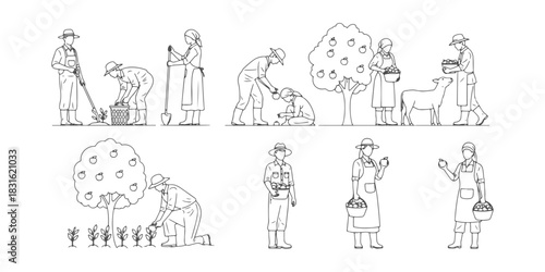 CAD Drawings. Farmers and agricultural workers in various activities isolated on white background. Vector illustration.