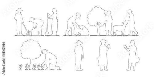 CAD Drawings. Farmers and agricultural workers outline in various activities isolated on white background. Vector illustration.