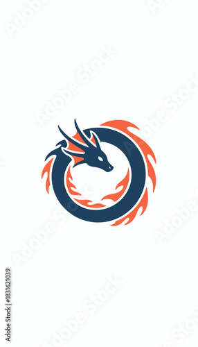 Stylized dragon logo in a circular design with fiery orange and blue elements on a white background.