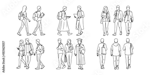 CAD Drawings. Multiple university students isolated on white background. Vector illustration.