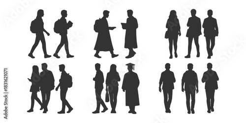CAD Drawings. Multiple university students silhouette isolated on white background. Vector illustration.