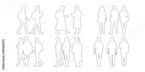 CAD Drawings. Multiple university students outline isolated on white background. Vector illustration.