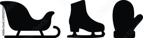 Christmas Winter Transportation Silhouette Icons. Santa Sleigh, Ice Skate, and Glove Vector Shapes