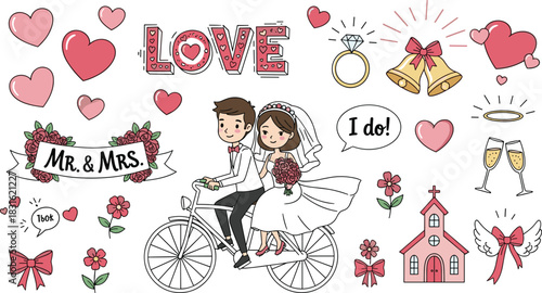 Wedding celebration icon vector illustration, bride groom on bicycle, romantic symbols, cartoon style, love marriage design