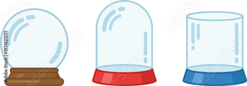 Vector set of empty snow globes and snow particles, Christmas glass dome templates