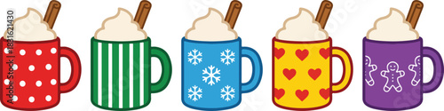 Set of colorful winter hot cocoa mugs with whipped cream, festive drink vector