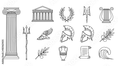 A detailed set of fourteen outlined Greek mythology and ancient civilization icons including columns, temples, helmets, tridents, amphora, scrolls, and olive branches, arranged on a white background.