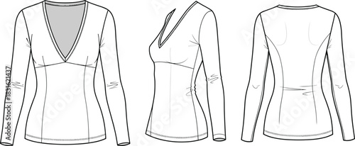 Women’s V-neck top technical fashion illustration, front, side, back views, fitted silhouette, long sleeve, garment construction reference