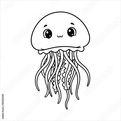 A Cute Little jellyfish with wavy tentacles black line art