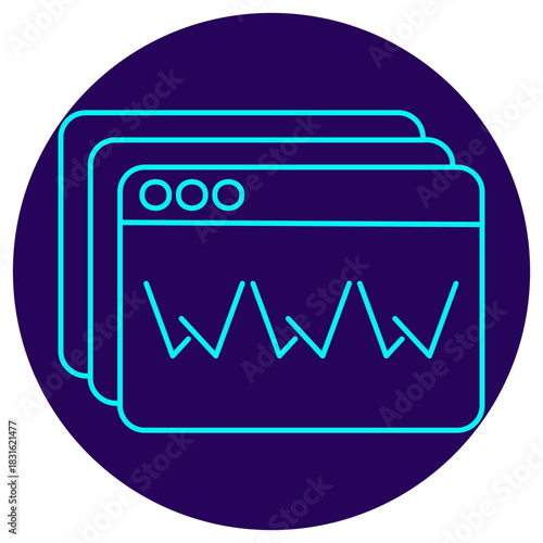 Website and Web Services icon. Vector thin line illustration on a round dark blue background. Minimalist graphic of multiple layered browser windows, symbolizing internet access, online content