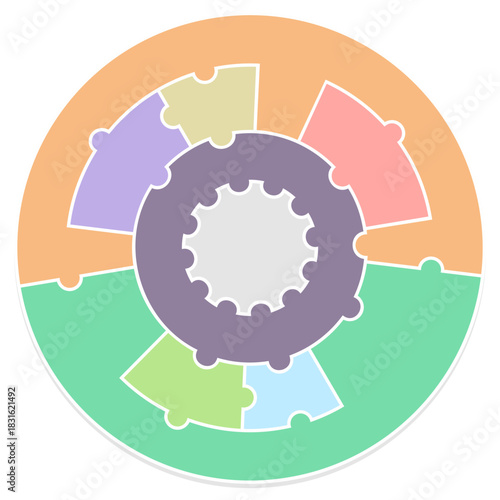 Blank Two-Layer Puzzle Wheel Infographic Vector Template. Multicolor diagram visualizes an 8-step core process framed by 4 large segments, ideal for hierarchical data, business quadrants