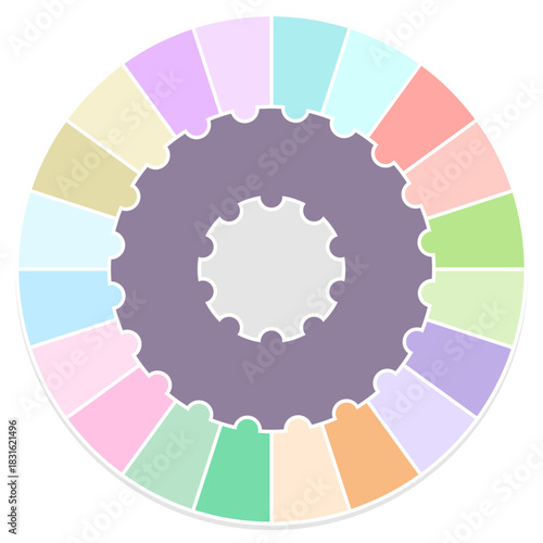 Multicolor Puzzle Wheel Infographic Vector Template. Blank 20-segment gear-shaped diagram perfect for visualizing processes, multi-level cycles or hierarchical data. Ideal for presentations, reports