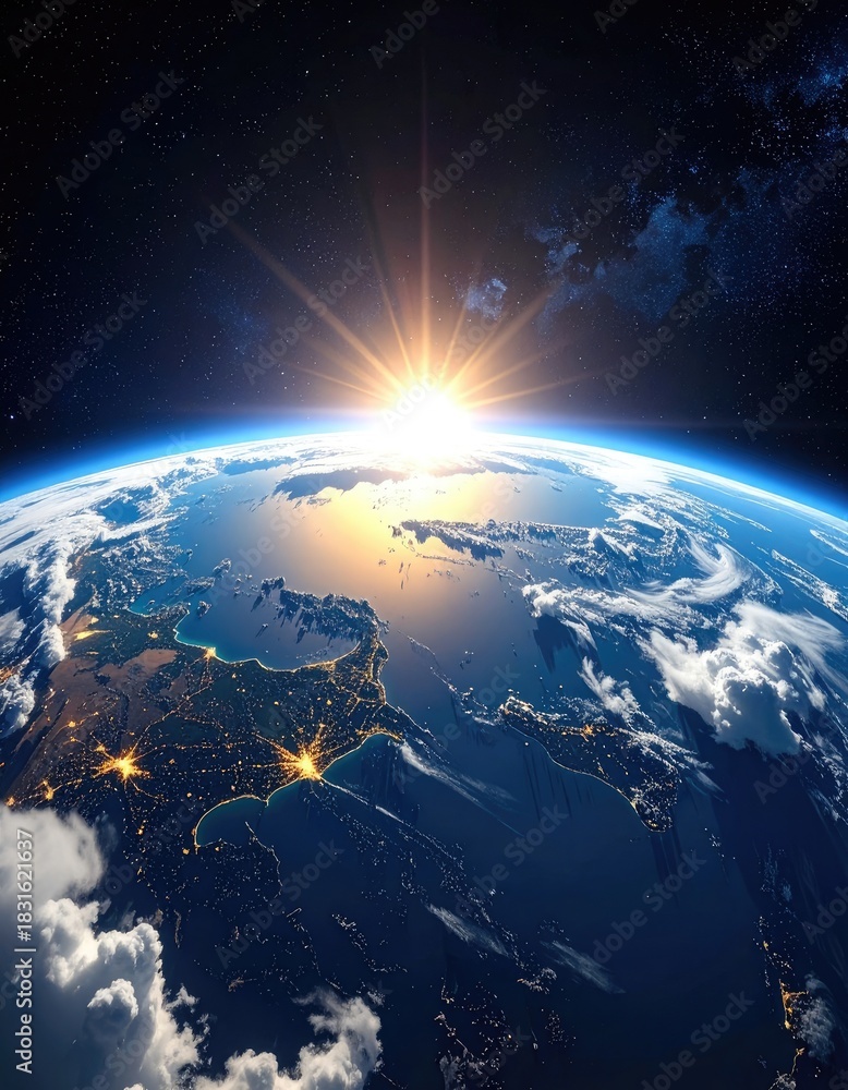 Fototapeta premium Stunning high-altitude view of Earth at sunrise over the Mediterranean basin showcasing illuminated city lights.