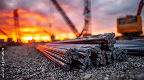 Neatly stacked bundles of steel rebar on a gravel-strewn site, with a crane blurred in the background against a dramatic sunset, symbolizing robust construction efforts. High quality