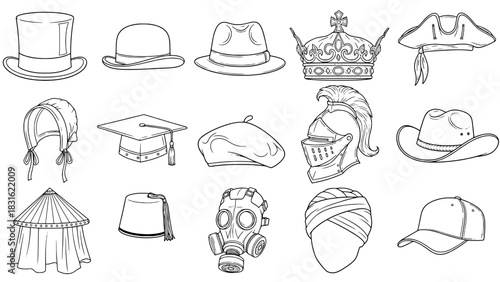 Outline Collection of Diverse Hats, Headwear, and Helmets in a Grid Layout