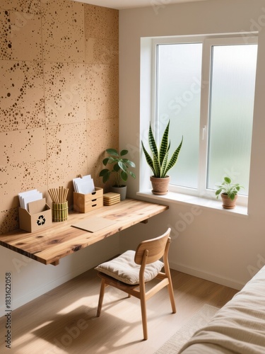 Minimalist eco-friendly home office with cork wall and wooden furniture