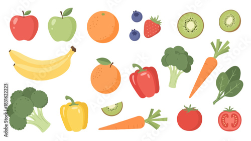 Collection of fresh fruits and vegetables including apples bananas oranges blueberries strawberries kiwi broccoli carrots peppers tomatoes and spinach