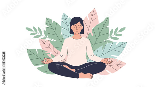 Serene woman meditating in lotus pose surrounded by abstract tropical leaves and plants for wellness and mindfulness