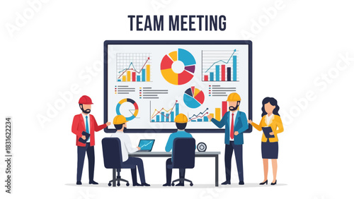Diverse team of professionals in hard hats collaborating during a business meeting presenting charts and graphs on a large screen